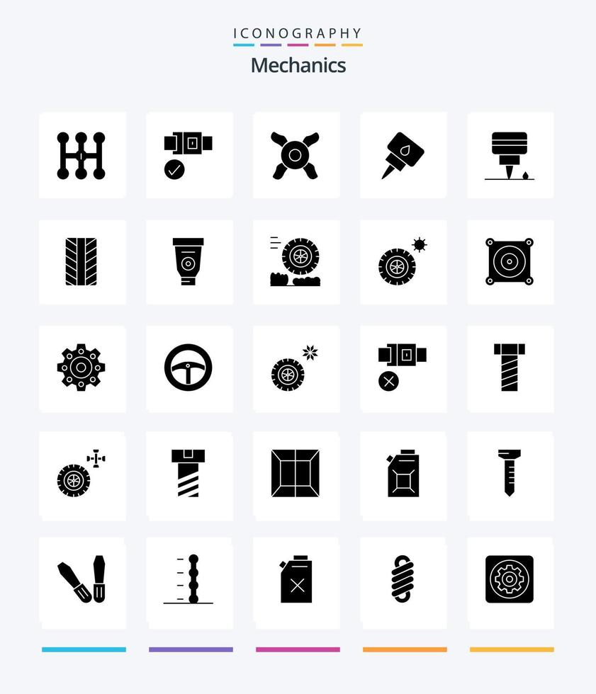 Creative Mechanics 25 Glyph Solid Black icon pack  Such As friction. glue. engine. equipment. wheel vector