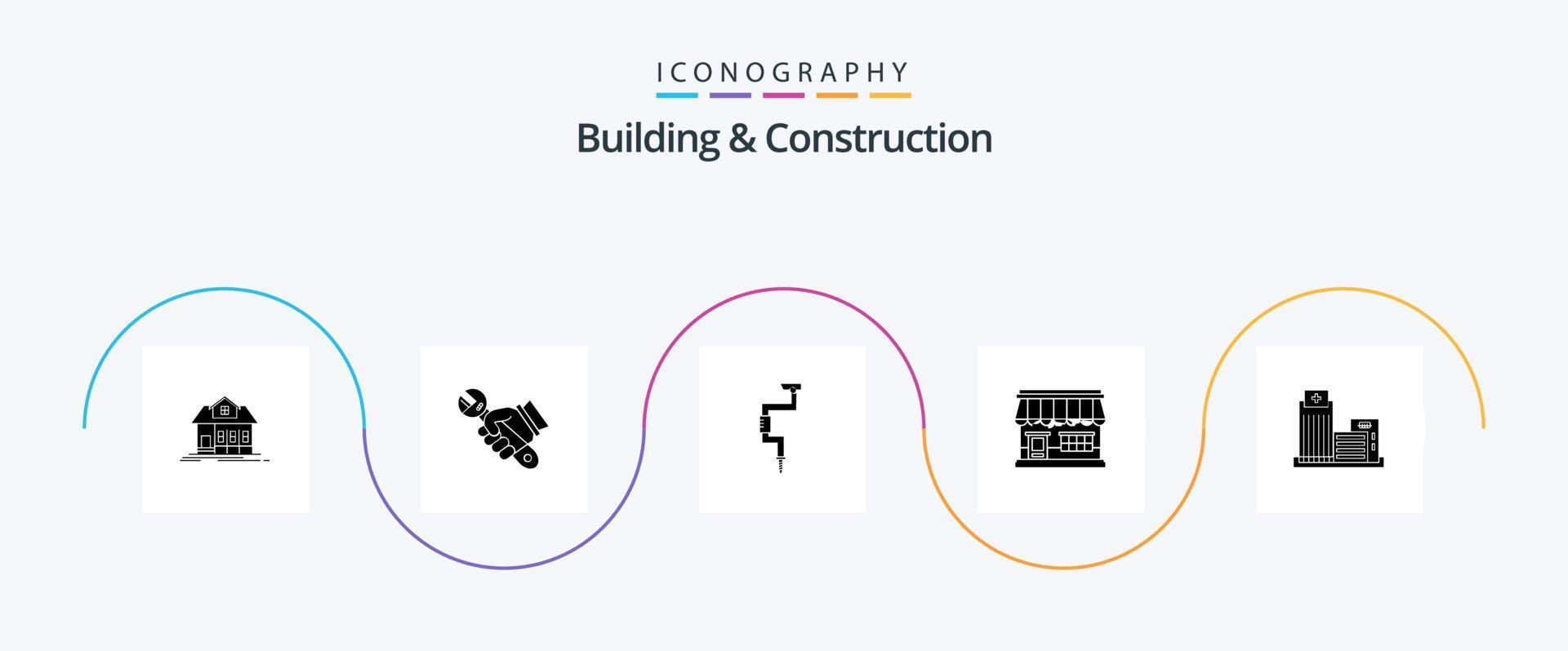 Building And Construction Glyph 5 Icon Pack Including store. online. hand. shop. tool vector
