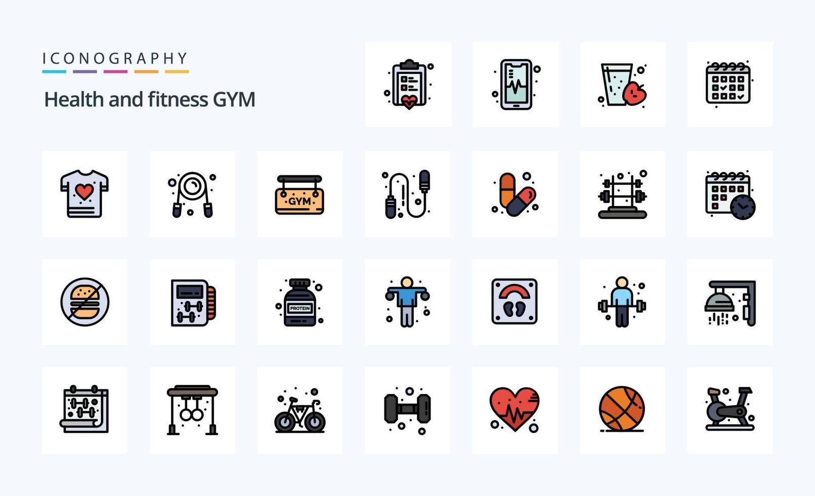 paquete de iconos de estilo lleno de línea de gimnasio 25 vector