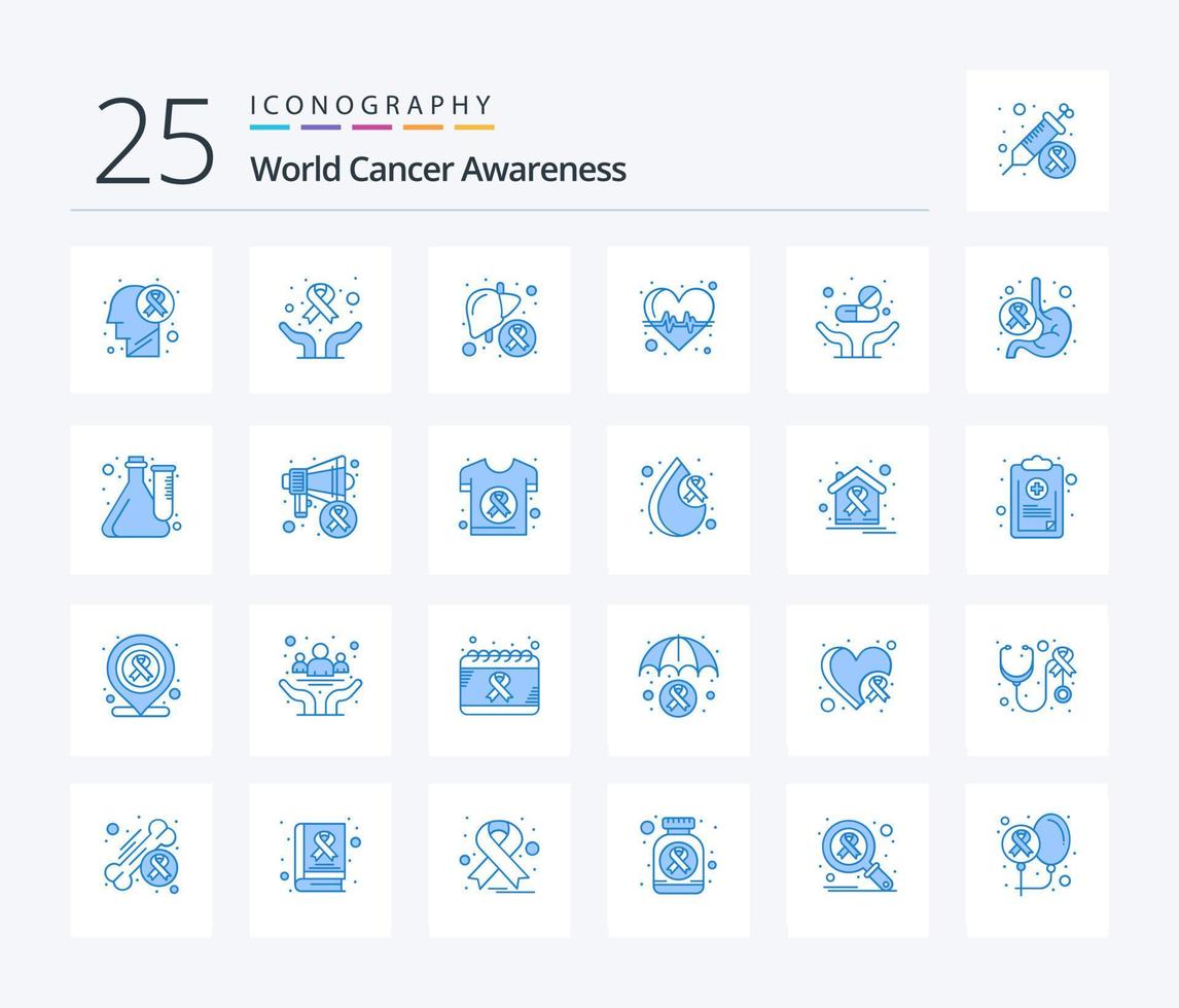 Conciencia mundial sobre el cáncer 25 paquete de iconos de color azul que incluye medicamentos. legumbres. cáncer. corazón. enfermo vector