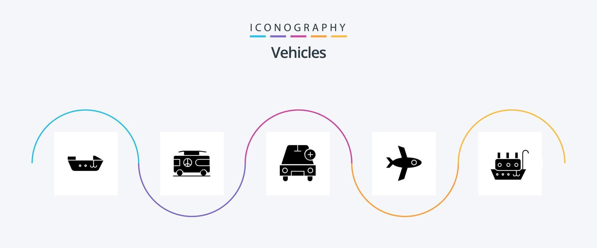 paquete de iconos de glifo 5 de vehículos que incluye embarcación. marina. auto. pescador. vuelo vector