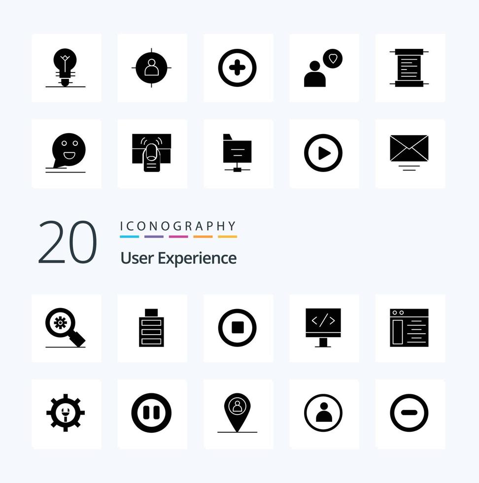 20 User Experience Solid Glyph icon Pack like  monitor  simple computer  stop vector