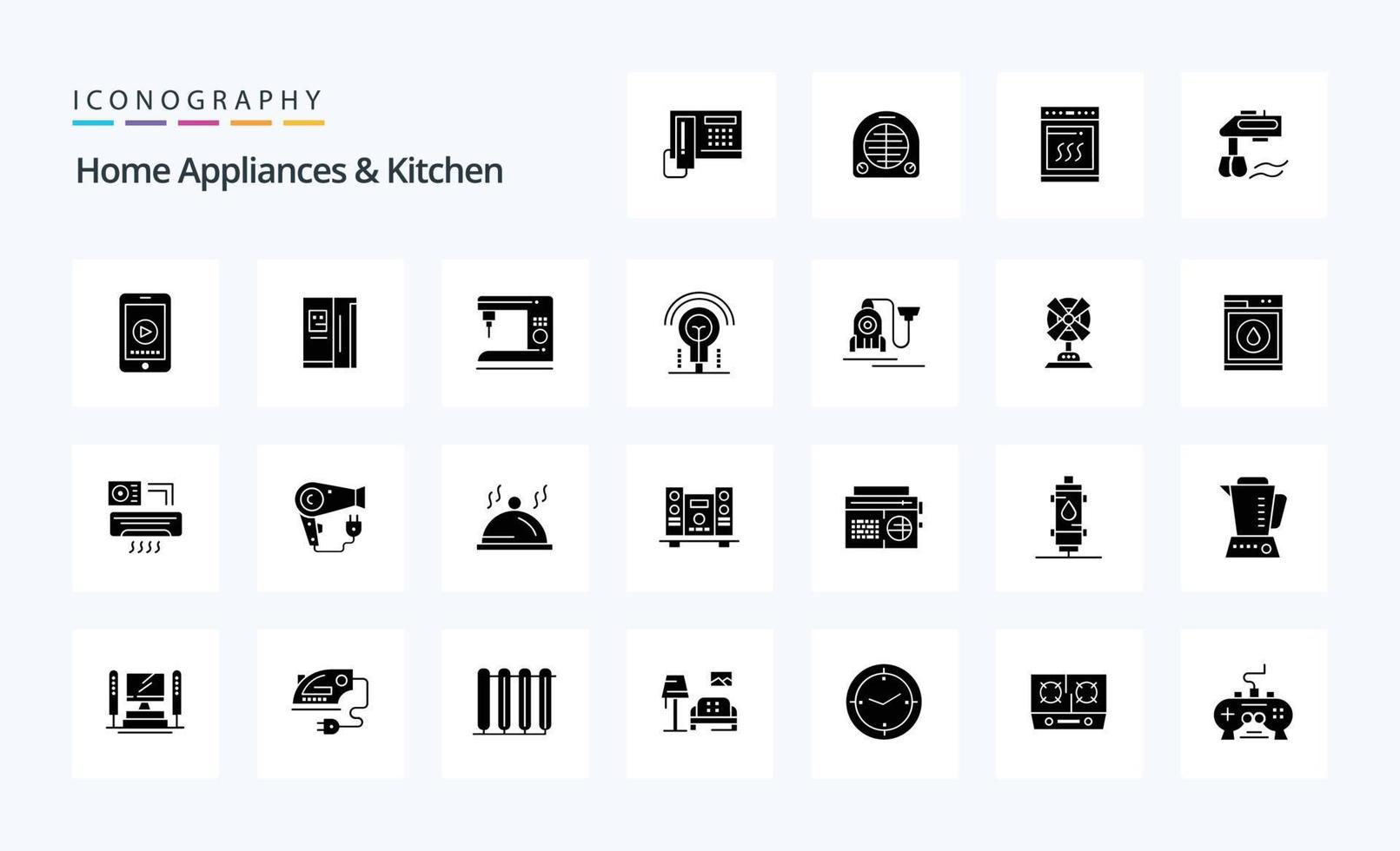 25 electrodomésticos y paquete de iconos de glifos sólidos de cocina vector