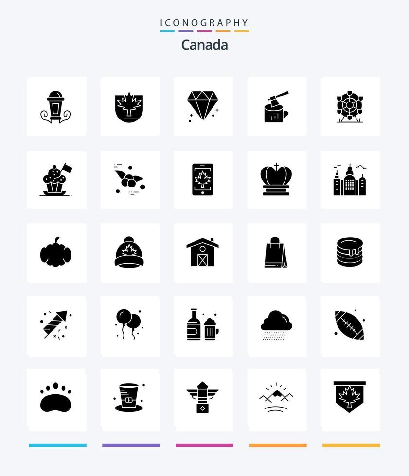 paquete de iconos de color negro sólido de 25 glifos de Canadá creativo, como la rueda. ferris diamante. madera. registro vector