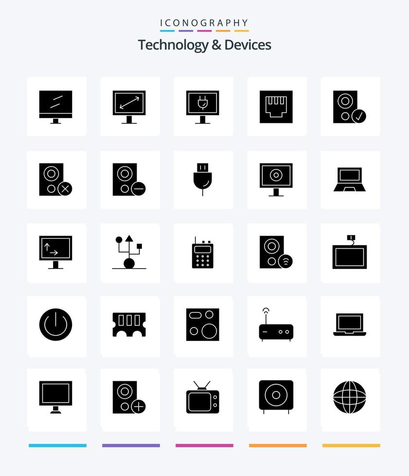 Paquete de iconos de 25 glifos negros sólidos de dispositivos creativos, como dispositivos. vocero. televisor. hardware. dispositivos vector