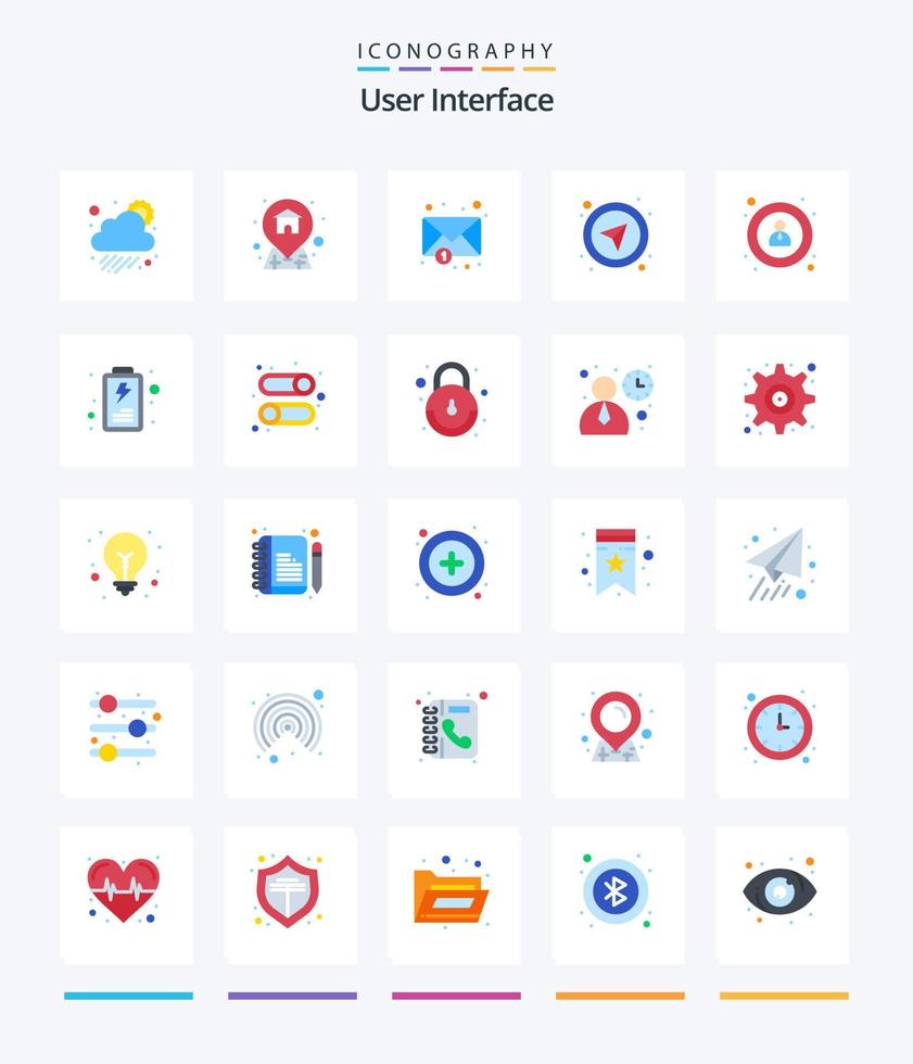 Creative User Interface 25 Flat icon pack  Such As battery. navigation. mail. interface. select vector