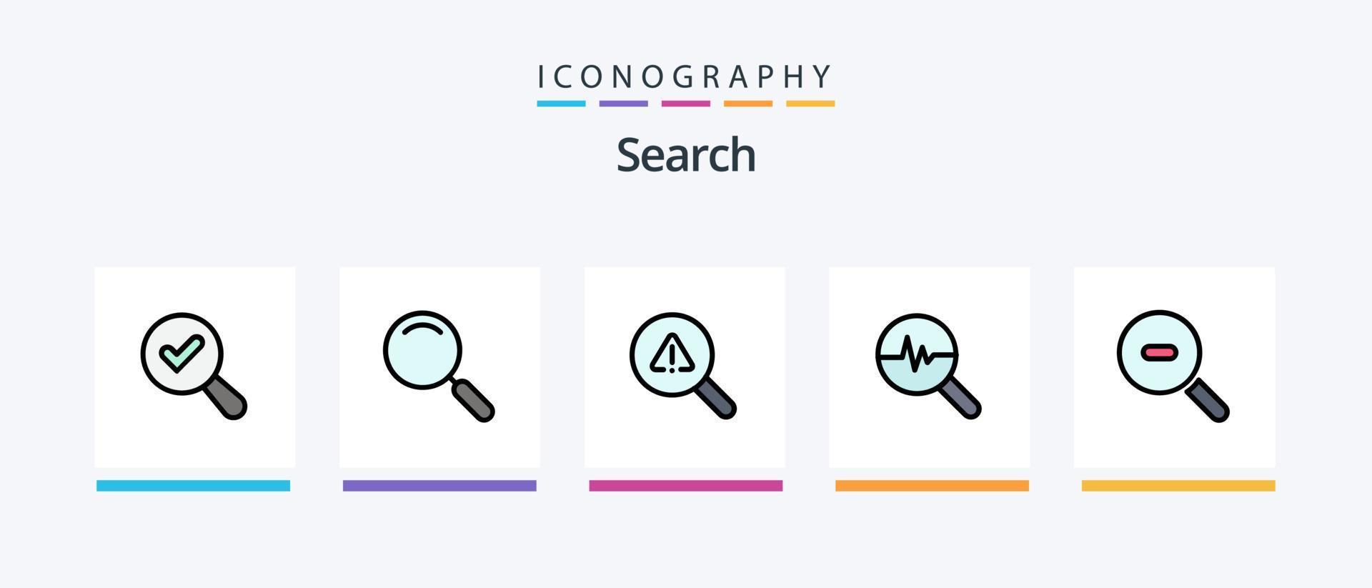 la línea de búsqueda llenó el paquete de 5 iconos, incluido el error. buscar. mirar. encontrar. lupa diseño de iconos creativos vector