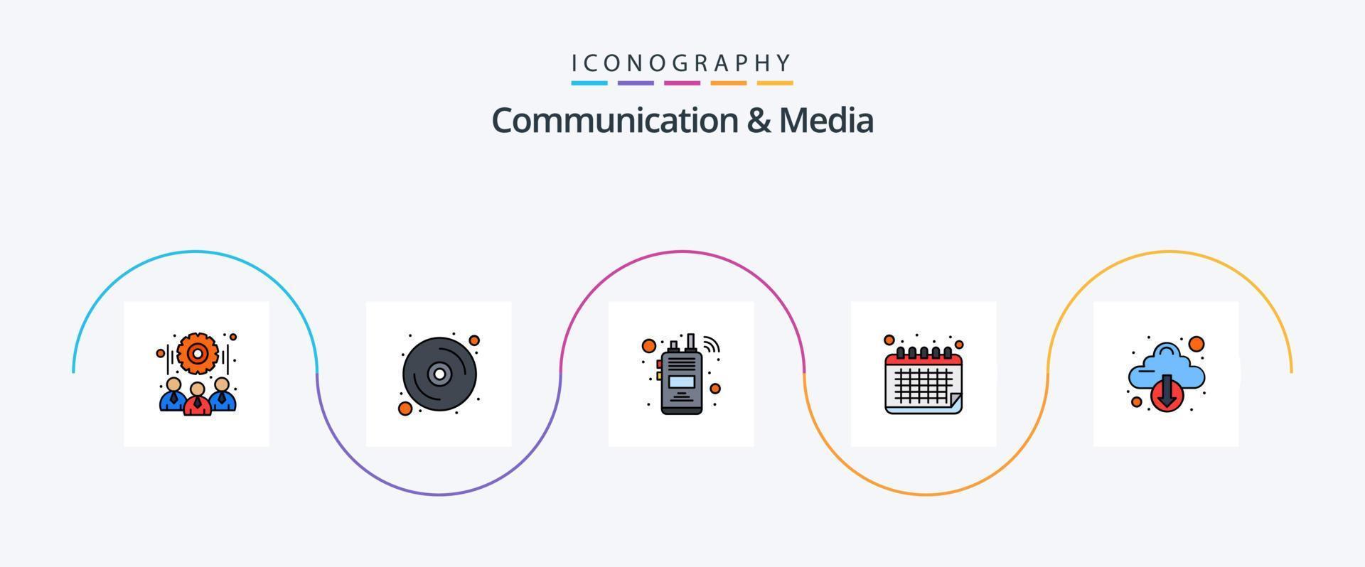 la línea de comunicación y medios llenó el paquete de iconos planos 5 que incluye abajo. cronograma. comunicación. evento. calendario vector