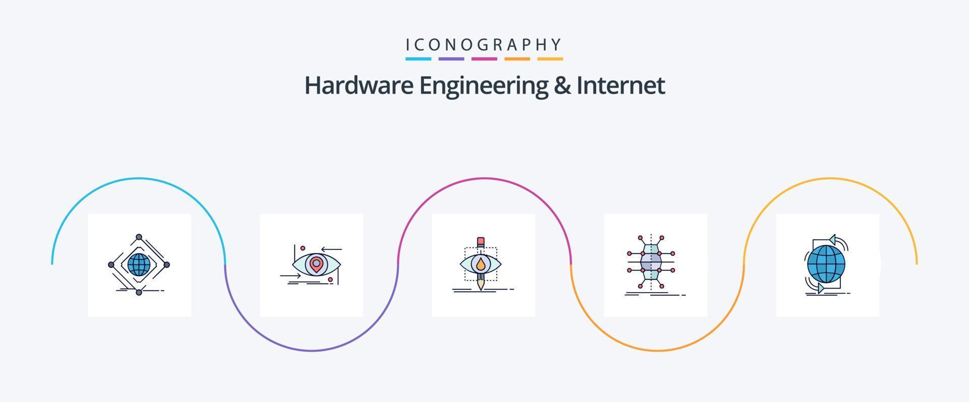 la ingeniería de hardware y la línea de Internet llenaron el paquete de iconos planos 5 que incluye infraestructura. distribución. ciencia. ciencia. contaminación vector