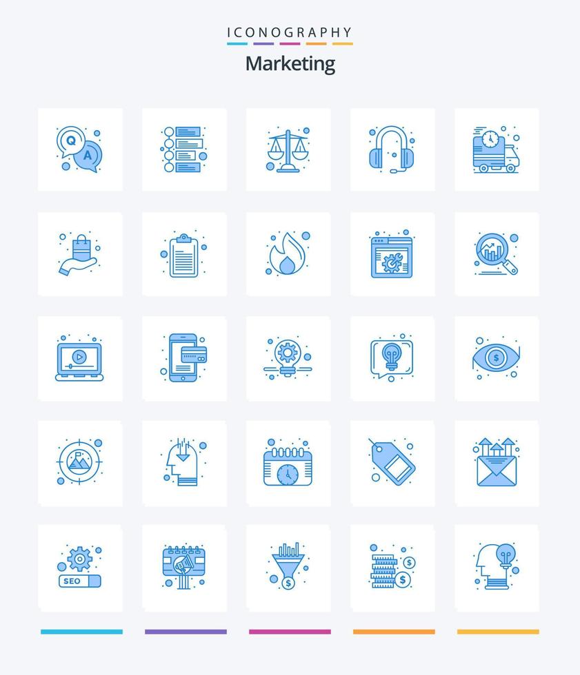 Creative Marketing 25 Blue icon pack  Such As present. fast. scales. delivery. headphone vector