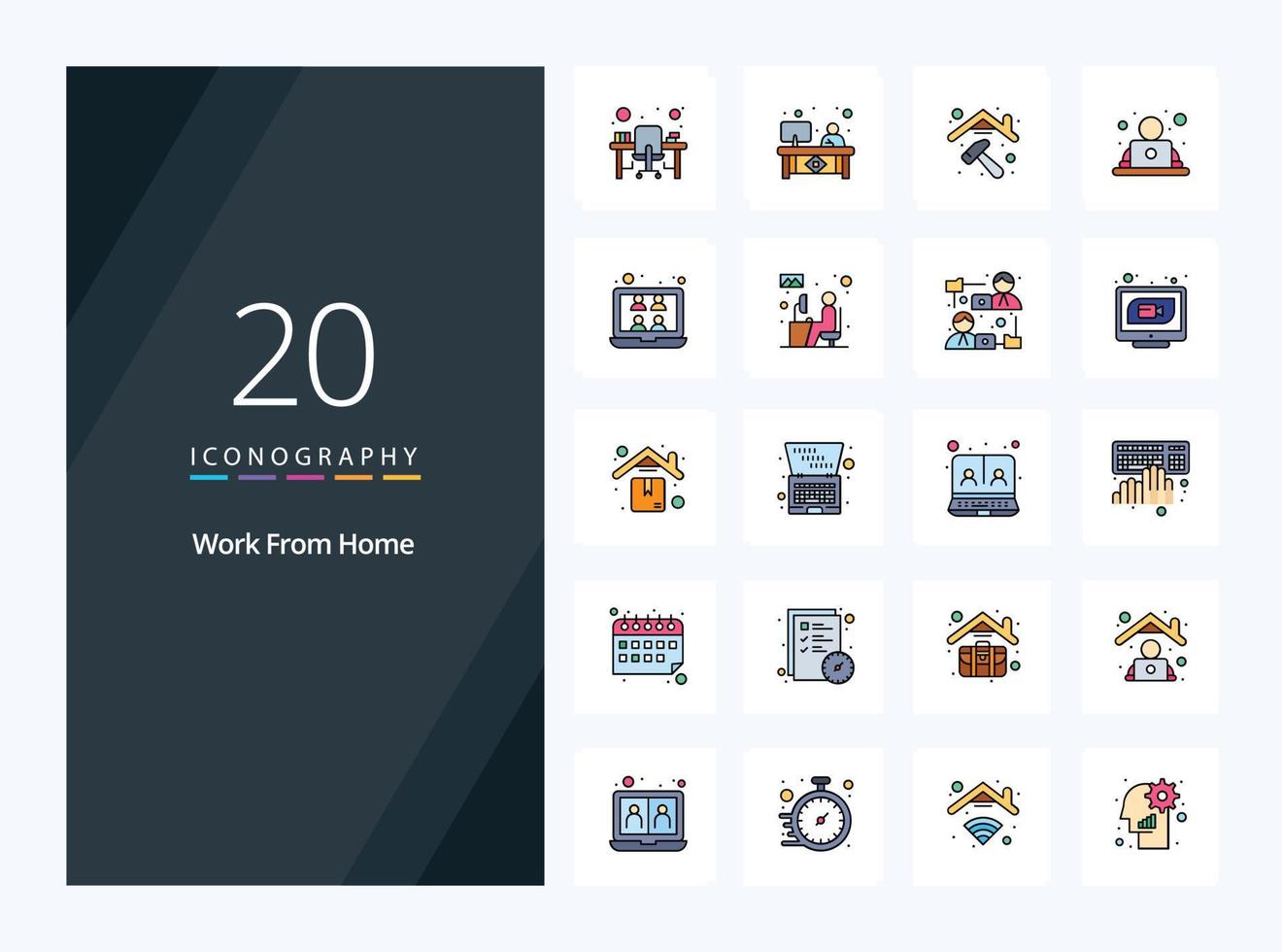 20 Work From Home line Filled icon for presentation vector