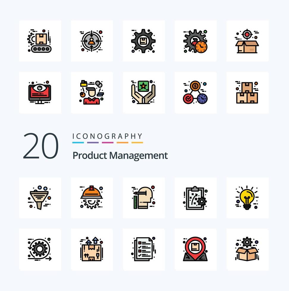 20 Product Management Line Filled Color icon Pack like business performance method project performance management scale vector
