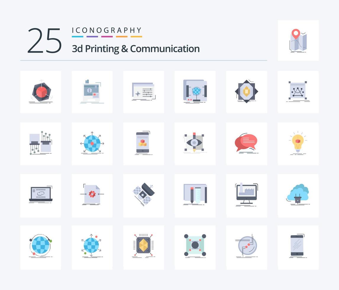 3d Printing And Communication 25 Flat Color icon pack including holographic. 3d. printer. software. processing vector