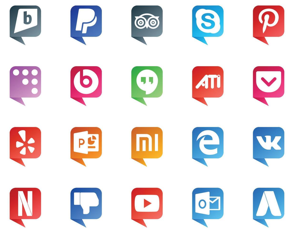20 logotipos de estilo de burbujas de discurso de redes sociales como netflix edge beats pill xiaomi yelp vector