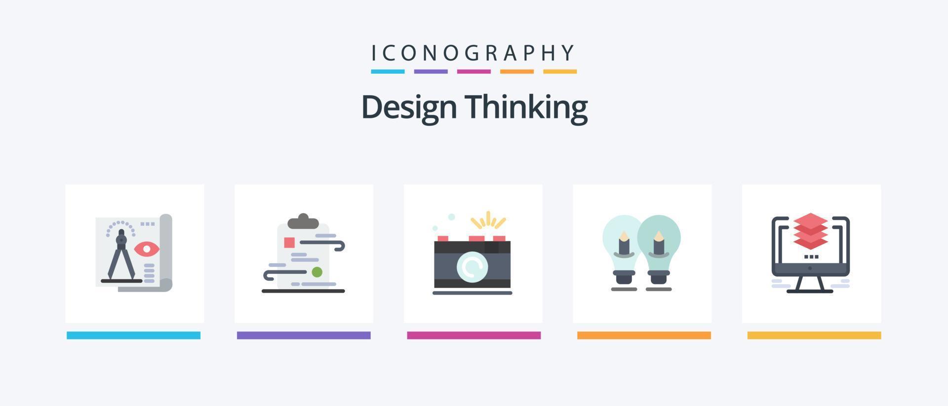 Design Thinking Flat 5 Icon Pack Including solution. bulb. paper. capture. photo. Creative Icons Design vector
