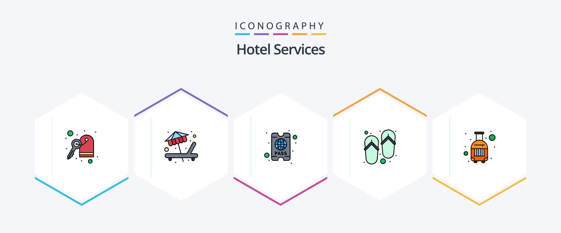 Hotel Services 25 FilledLine icon pack including travel. luggage. pass. bag. wellness vector