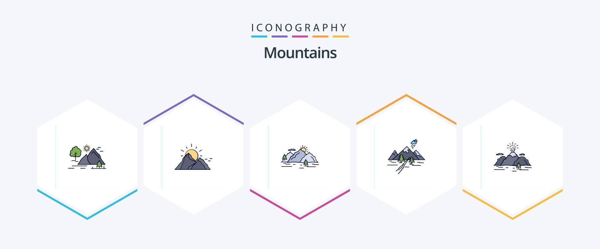 paquete de iconos de 25 líneas completas de montañas que incluye paisaje. naturaleza. naturaleza. montaña. paisaje vector