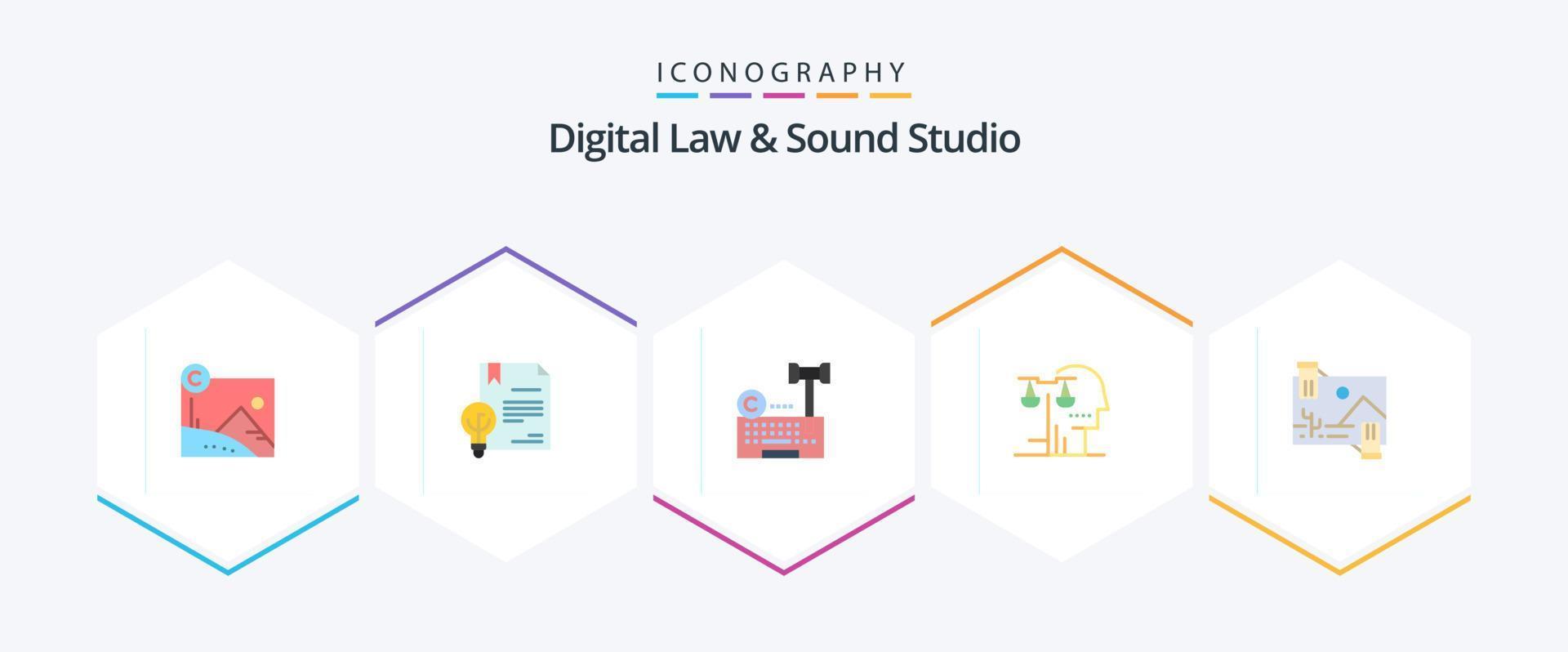 Digital Law And Sound Studio 25 Flat icon pack including judgment. court. law. choice. law vector