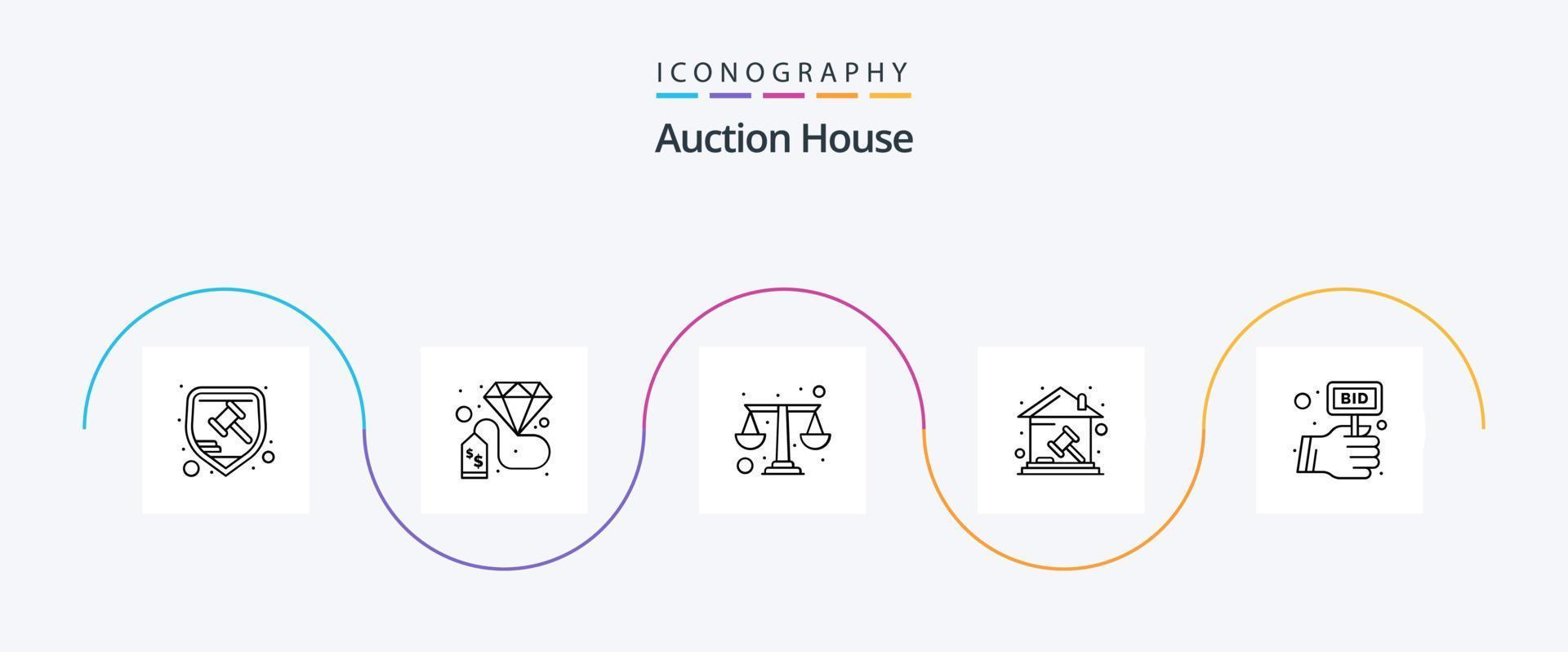 paquete de iconos de línea de subasta 5 que incluye propiedad. hogar. etiqueta de pago corte. abogado vector