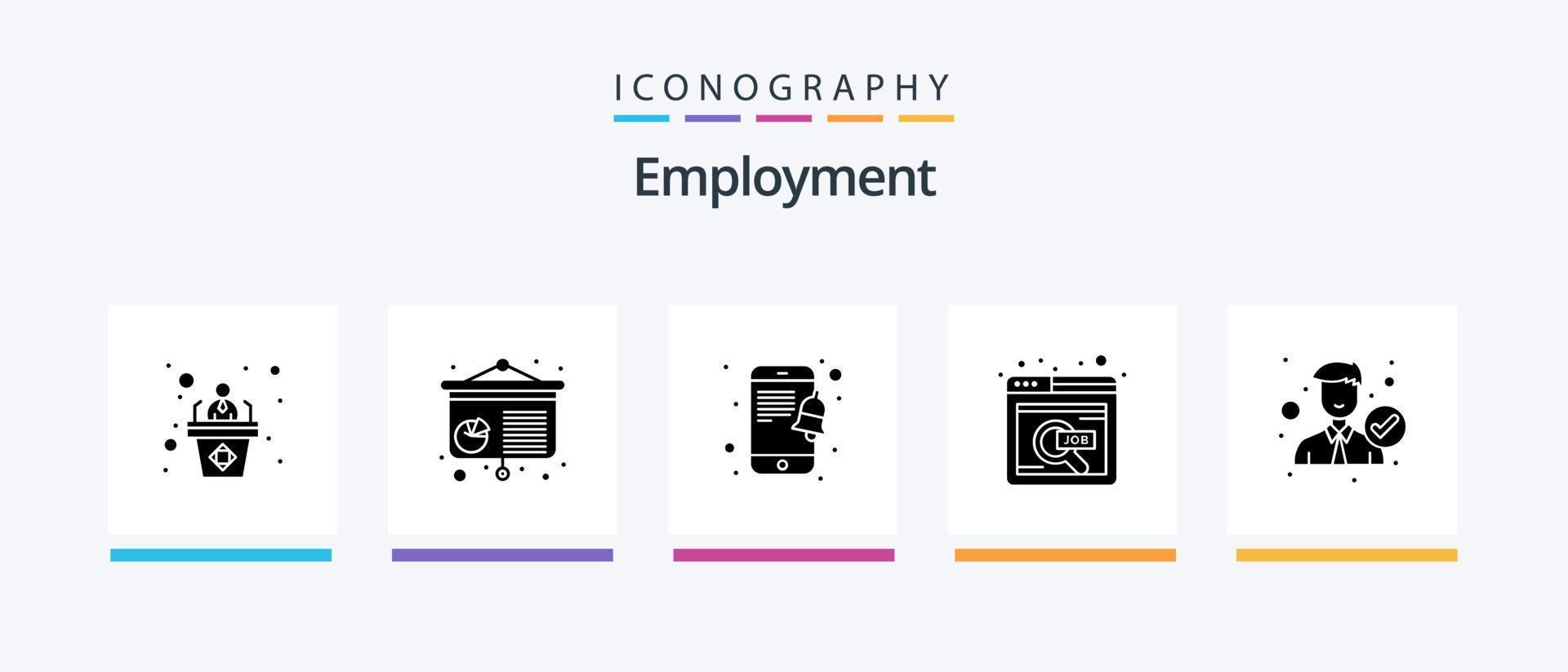 Employment Glyph 5 Icon Pack Including office. employee. notification. accept. search. Creative Icons Design vector