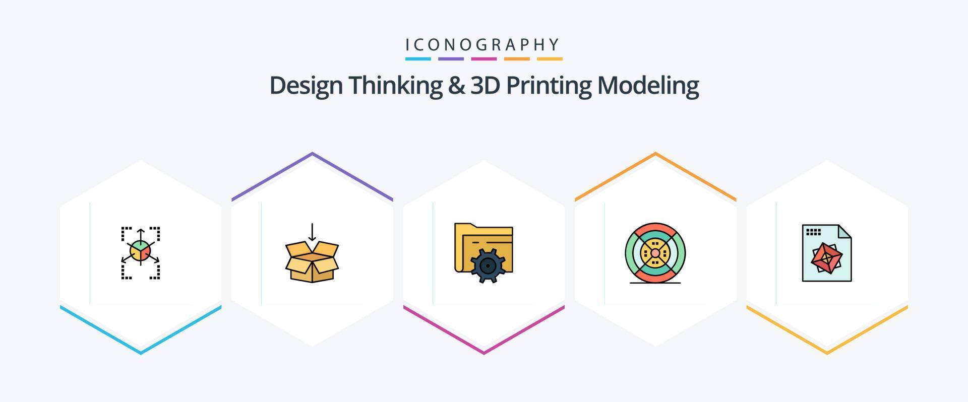 pensamiento de diseño y modelado de impresión d paquete de iconos de 25 líneas completas que incluye procesamiento. imprimir. carpeta. impresión. película vector