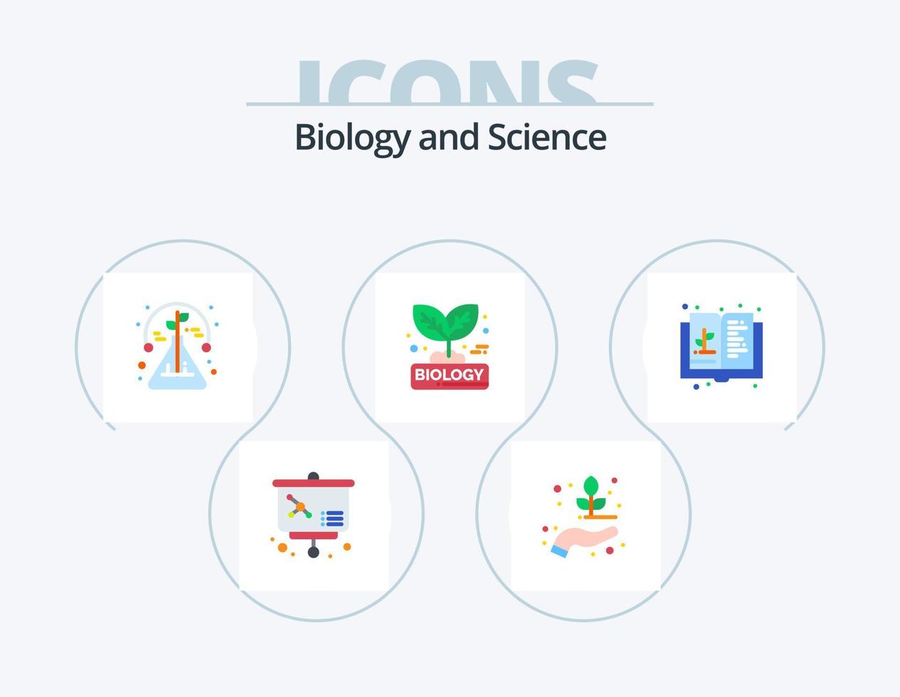 paquete de iconos planos de biología 5 diseño de iconos. educación. planta. ciencia. naturaleza. biología vector