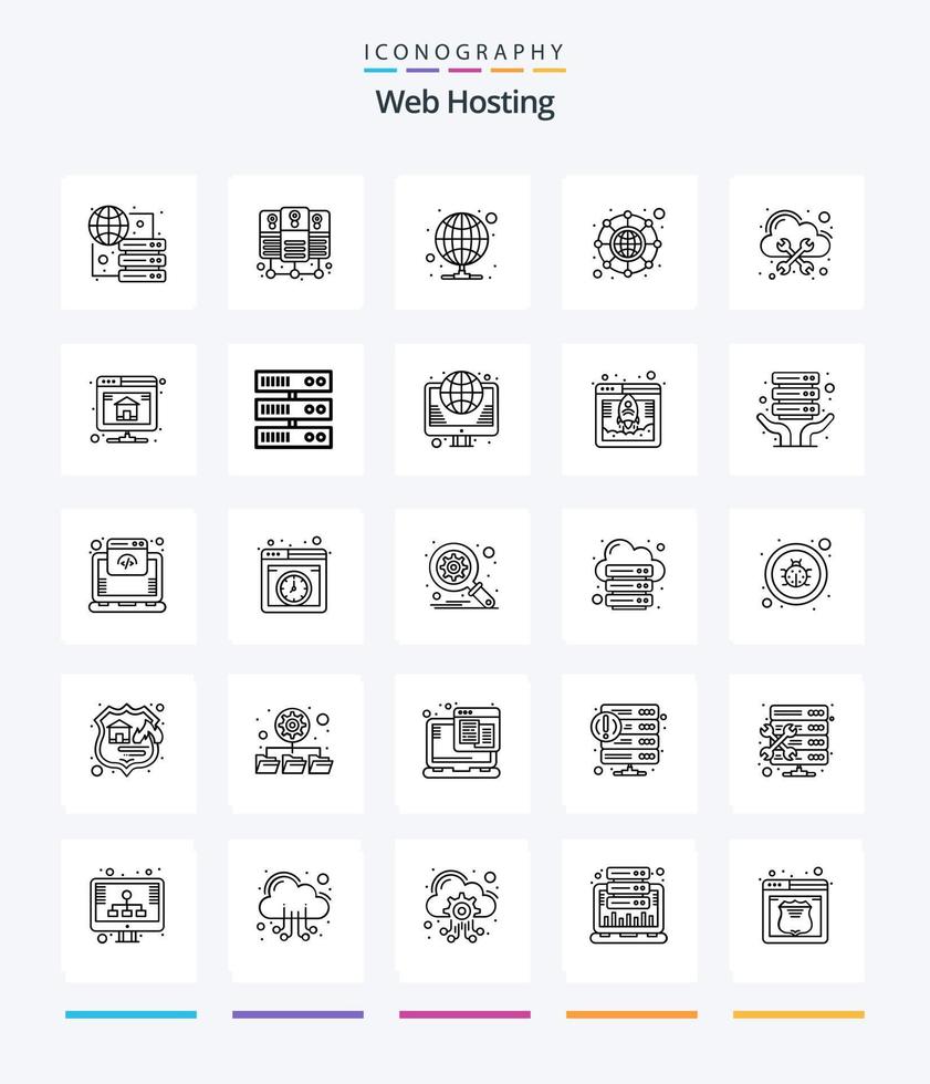 Creative Web Hosting 25 OutLine icon pack  Such As management. database. hosting. network. connection vector