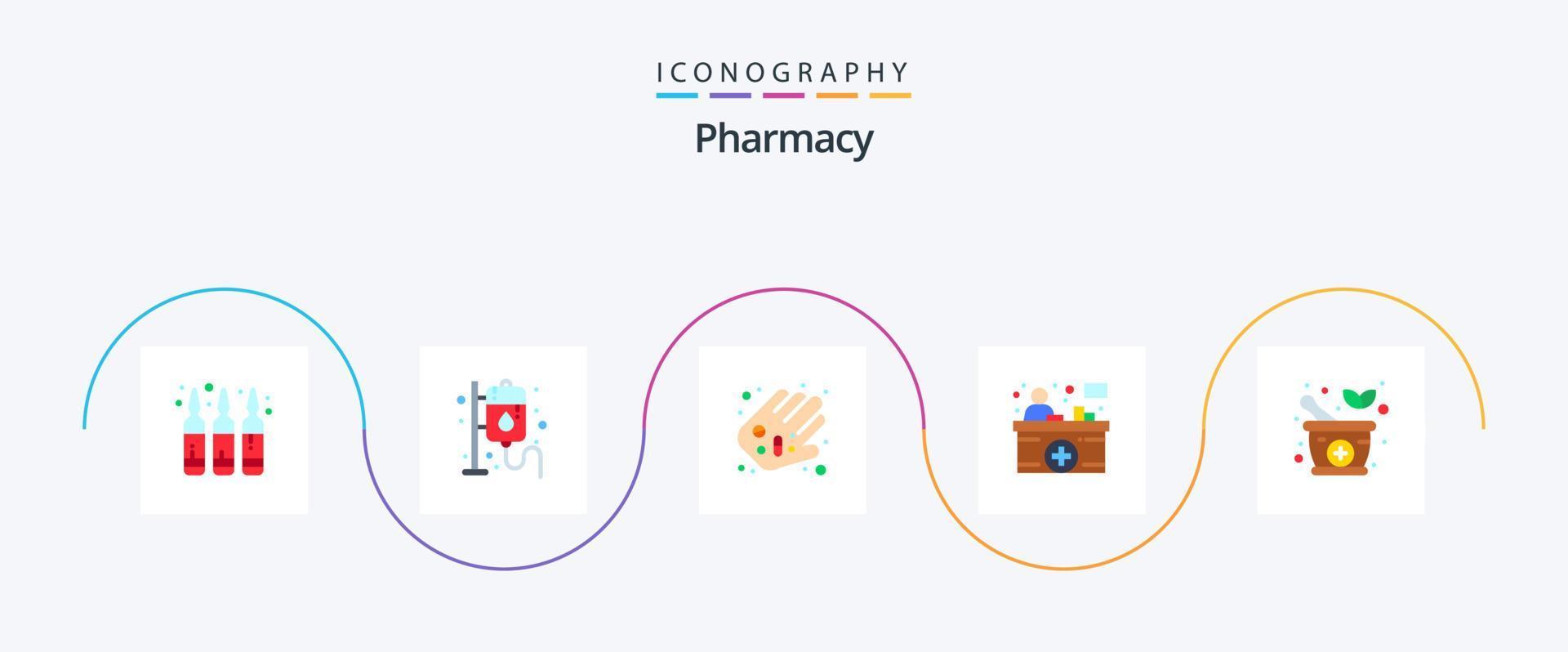 Pharmacy Flat 5 Icon Pack Including medicine. information counter. hand. hospital reception. counter vector