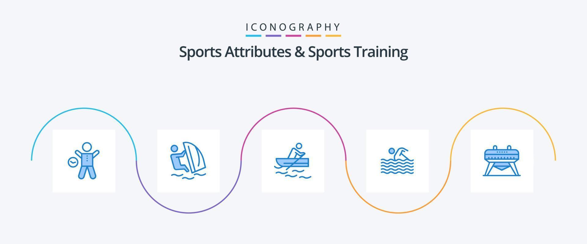 Atributos deportivos y paquete de íconos azules de entrenamiento deportivo 5 que incluye natación. deporte. viento. actividad. capacitación vector