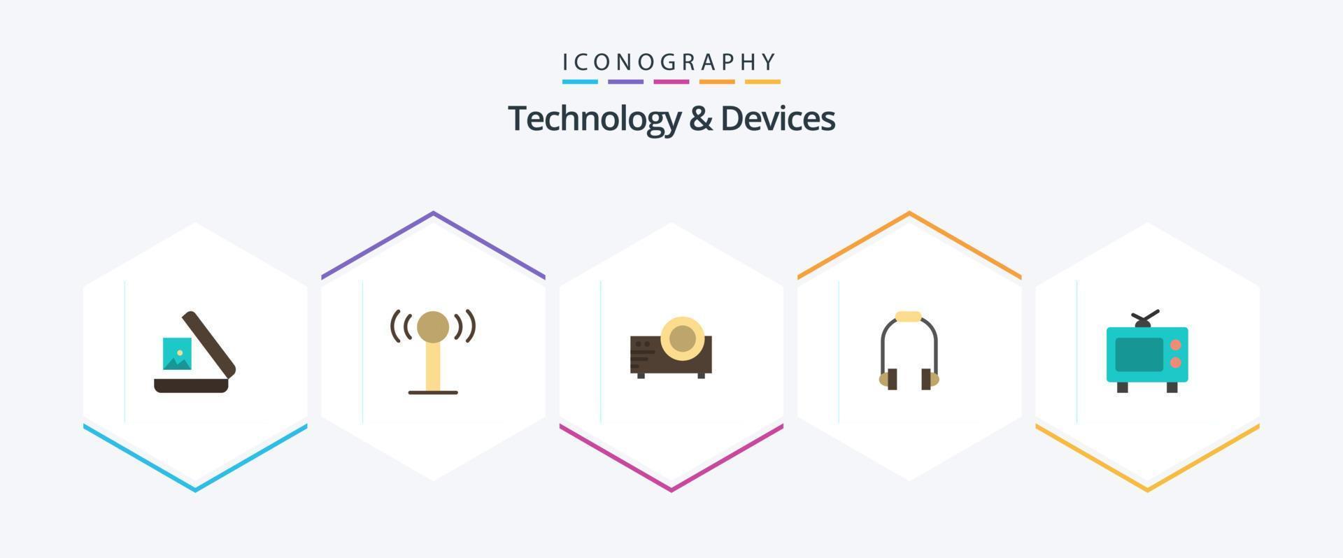 paquete de 25 iconos planos de dispositivos que incluye . televisión. película. televisor. teléfono vector