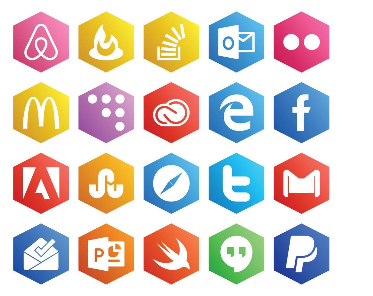 paquete de 20 íconos de redes sociales que incluye safari adobe mcdonalds facebook adobe vector