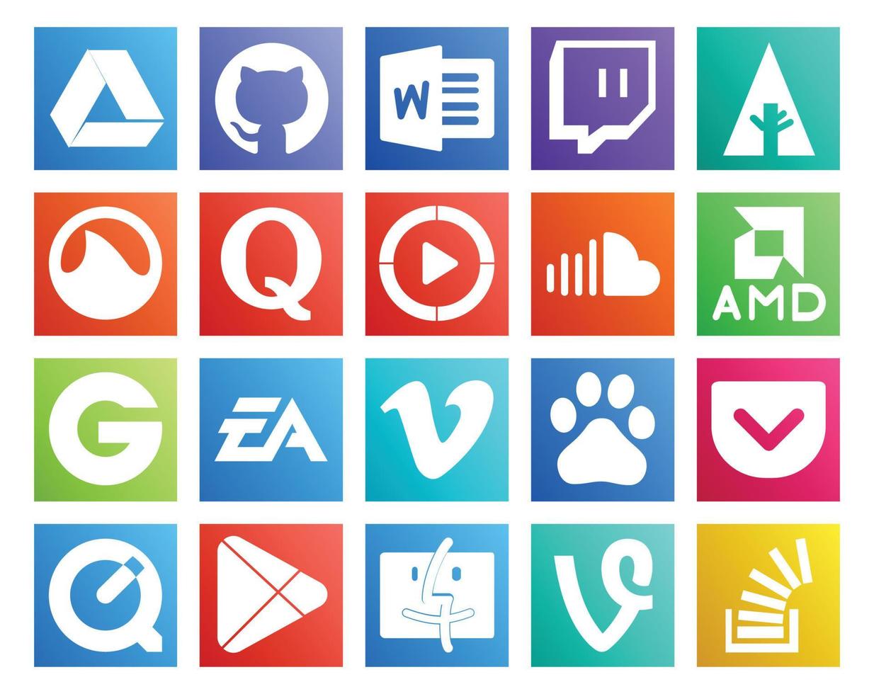 20 Social Media Icon Pack Including sports electronics arts windows media player groupon music vector
