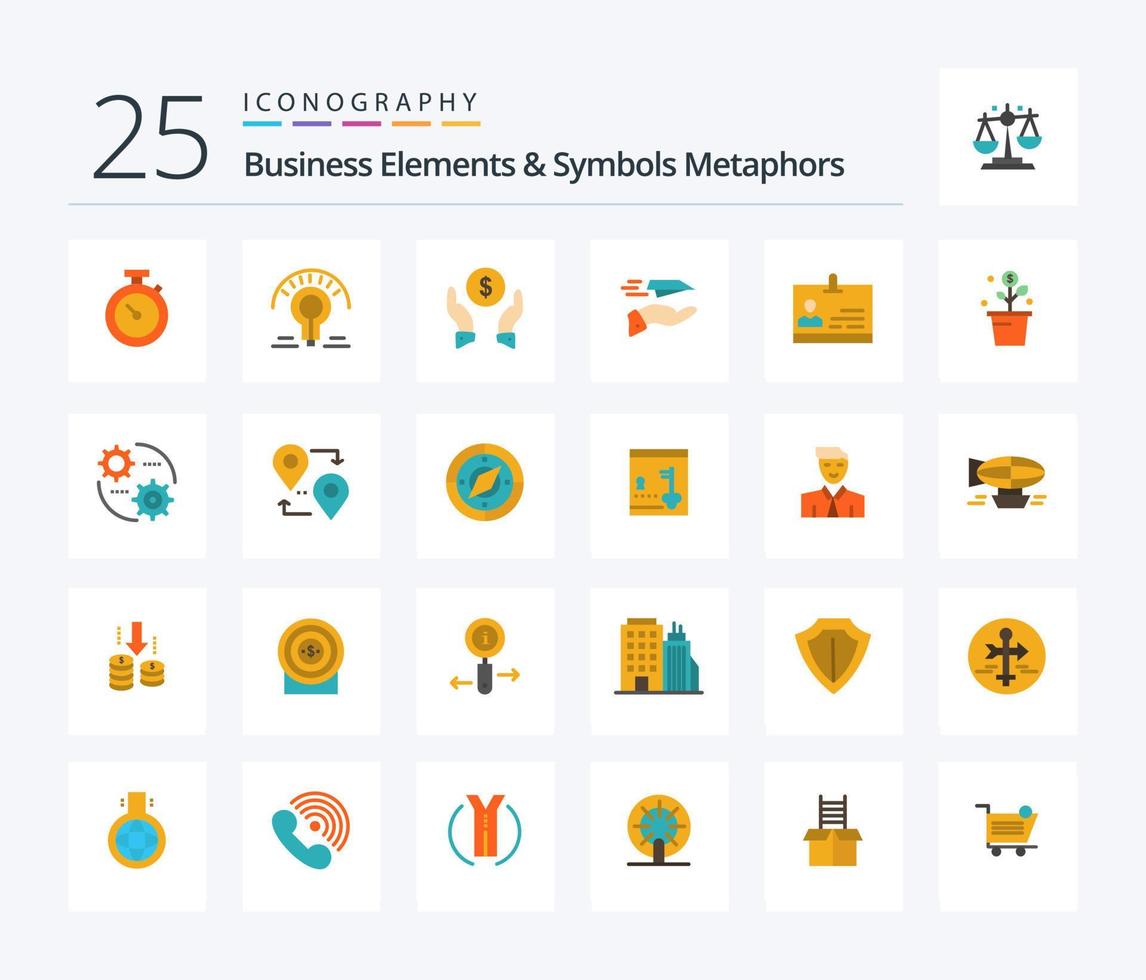 Business Elements And Symbols Metaphors 25 Flat Color icon pack including id. plane. insurance. paper plane. hand vector