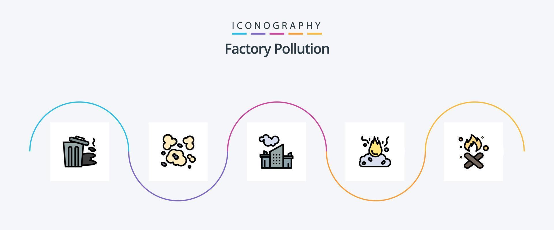 Factory Pollution Line Filled Flat 5 Icon Pack Including . pollution. factory. garbage. burn vector