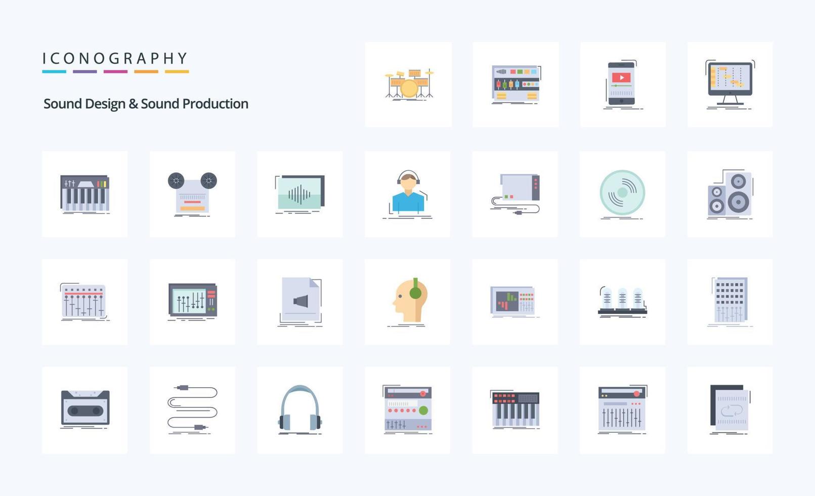 paquete de iconos de color plano de 25 diseño de sonido y producción de sonido vector