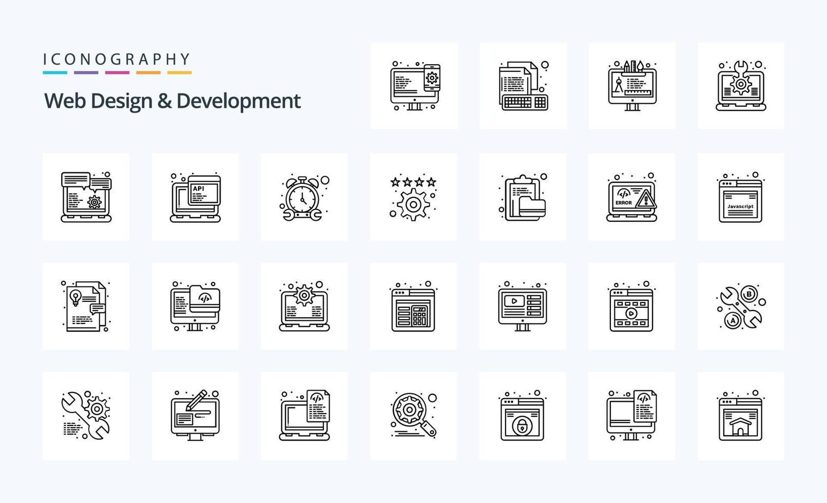 paquete de iconos de 25 líneas de diseño y desarrollo web vector