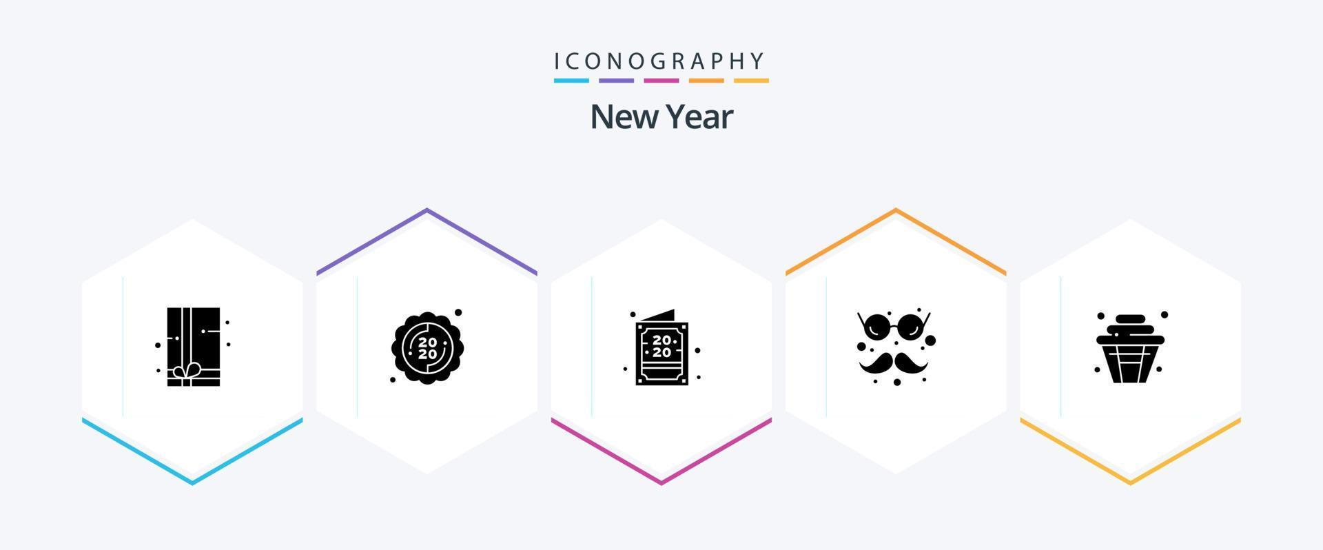 New Year 25 Glyph icon pack including sweet. cake. invitation. glasses and mustaches. funny vector