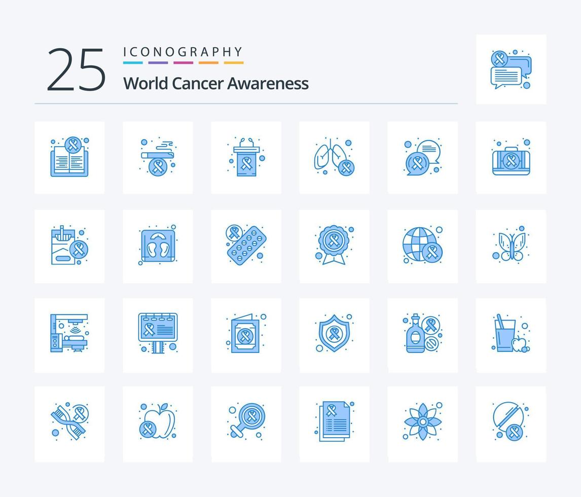 paquete de iconos de color azul 25 de conciencia mundial sobre el cáncer que incluye chat. cáncer de pulmón podio. pulmón. cáncer vector