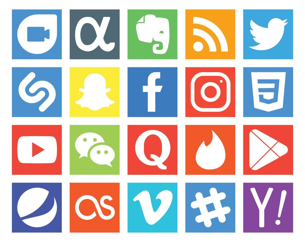 Paquete de 20 íconos de redes sociales que incluye video de mensajería de Facebook de Tinder Quora vector