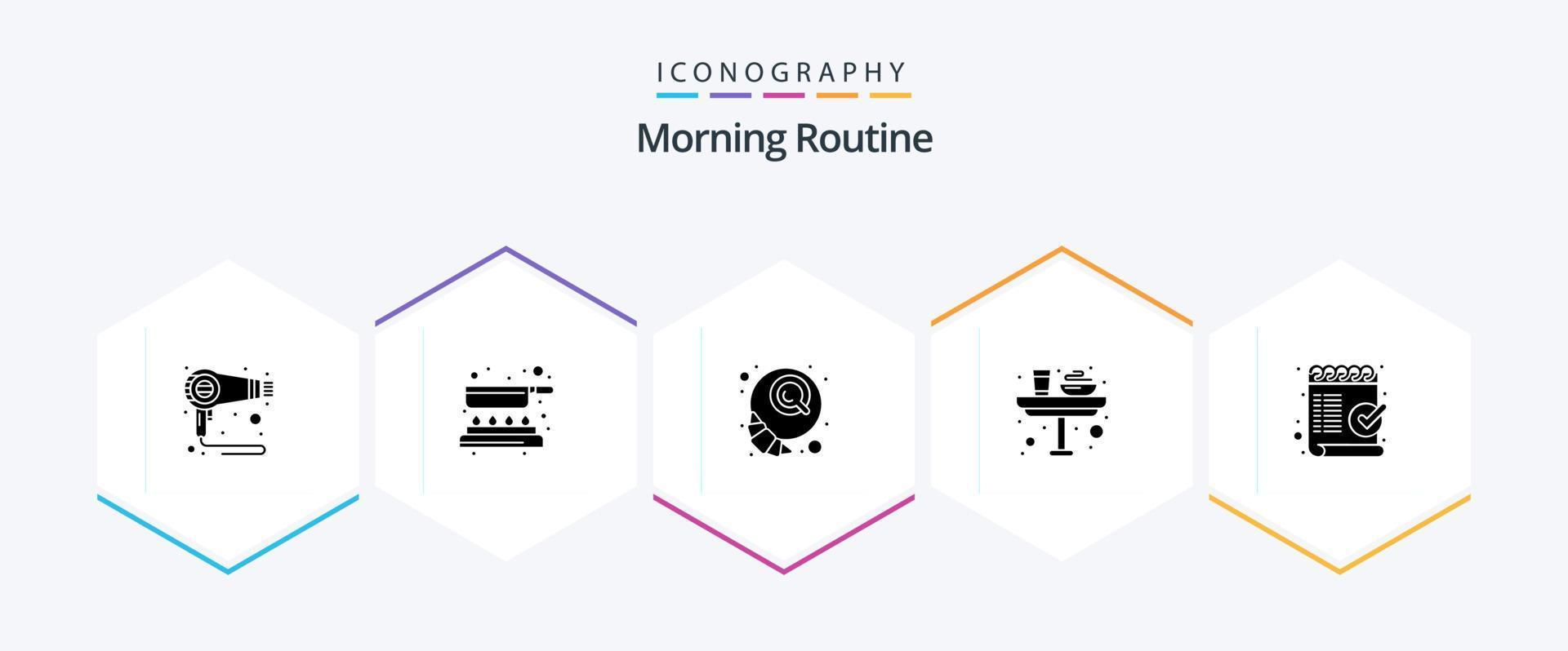 paquete de iconos de 25 glifos de rutina matutina que incluye cheque. vaso. desayuno. alimento. desayuno vector