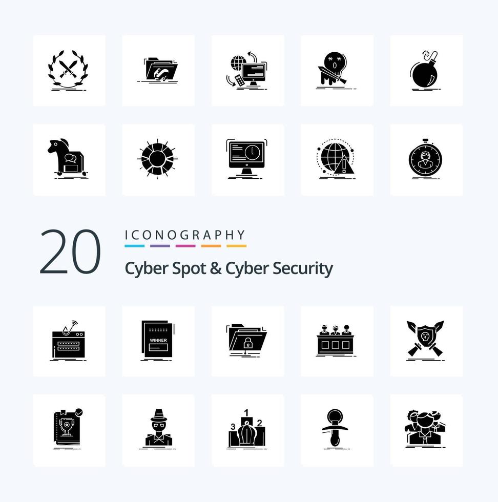 Paquete de 20 iconos de glifos sólidos de ciberseguridad y ciberseguridad como competencia experta carpeta segura maliciosa vector