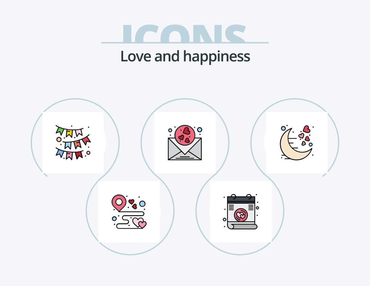 paquete de iconos llenos de línea de amor 5 diseño de iconos. boda. campana. amar. romántico. luna vector