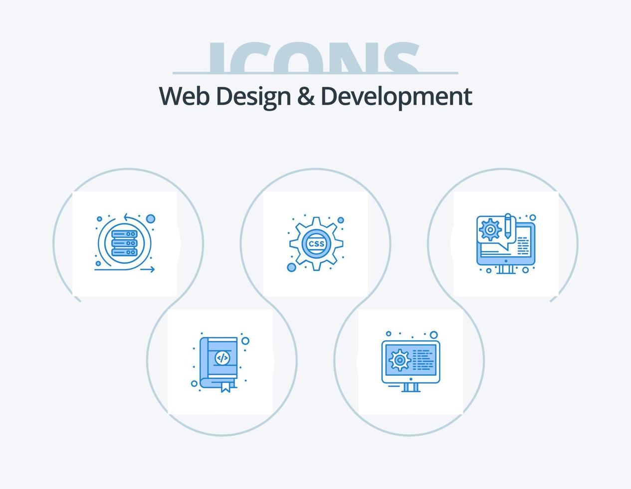 diseño y desarrollo web paquete de iconos azules 5 diseño de iconos. equipo css. diente. ajustes. en cascada pique vector