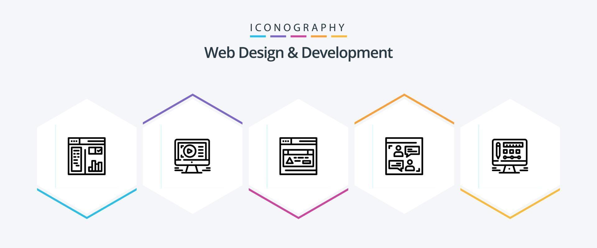 paquete de iconos de 25 líneas de diseño y desarrollo web, incluido el usuario. web video . web vector