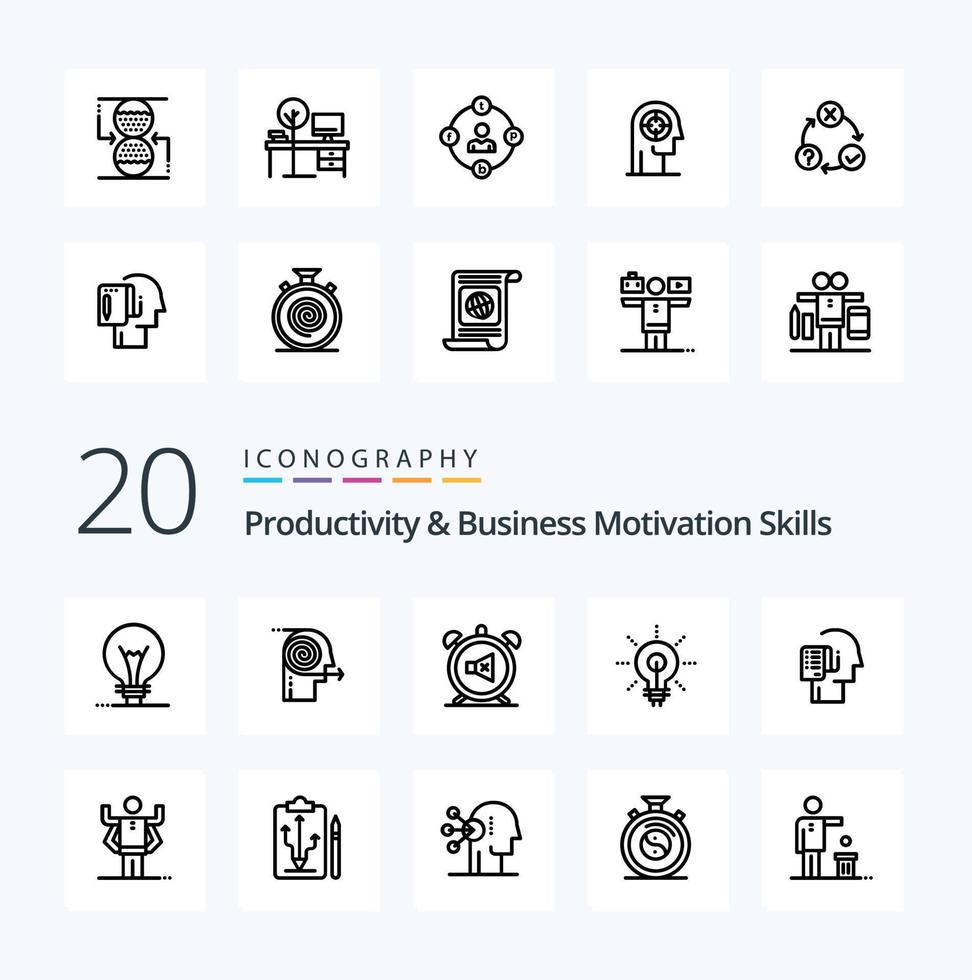 Paquete de iconos de línea de 20 habilidades de productividad y motivación empresarial como perspicacia que brilla enfocando la bombilla apagada vector