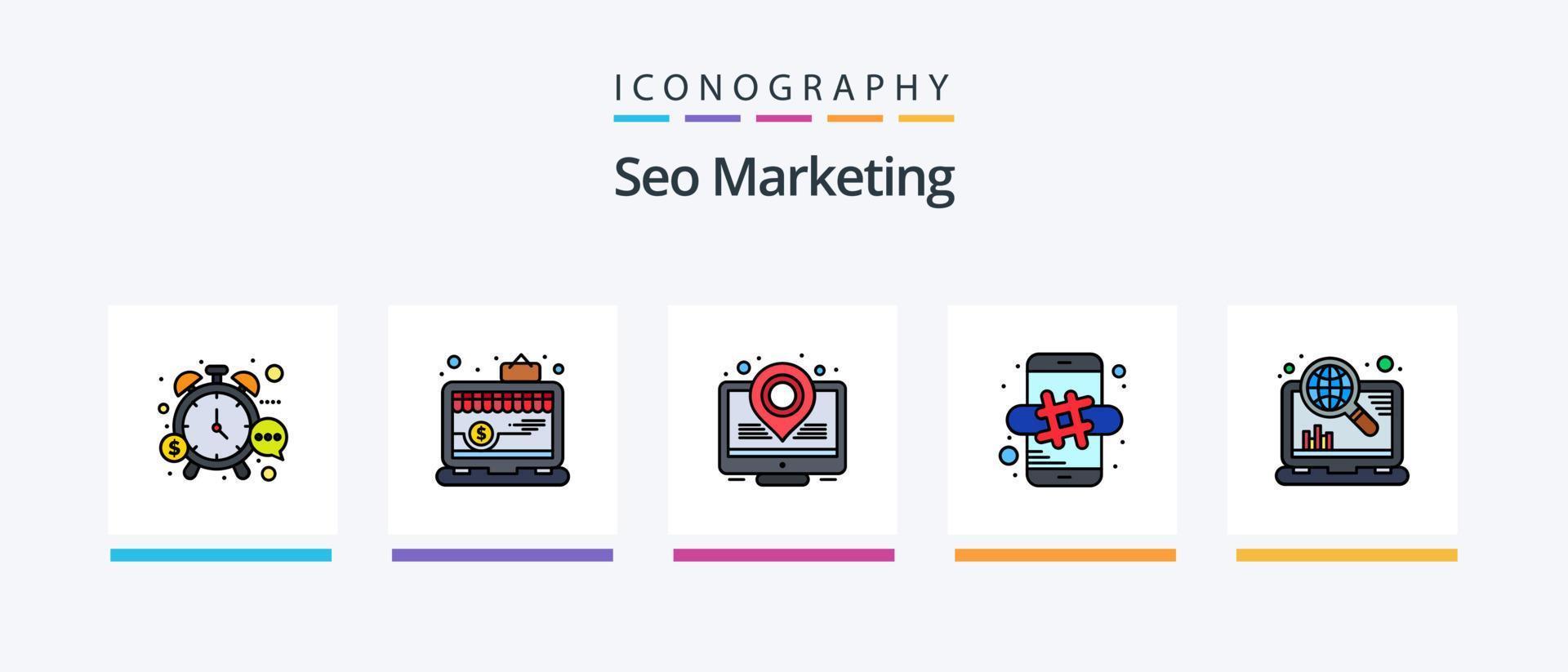 la línea de marketing seo llenó el paquete de 5 iconos, incluida la optimización. viral. optimizar. SEO lista. diseño de iconos creativos vector