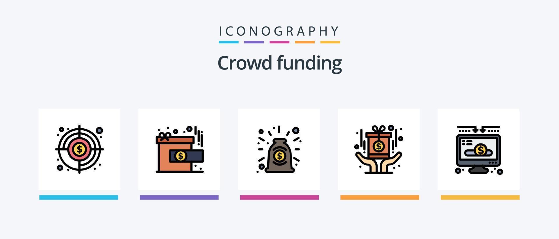la línea de crowdfunding llenó el paquete de 5 iconos, incluido el proyecto. dinero. caridad. economista. banquero. diseño de iconos creativos vector