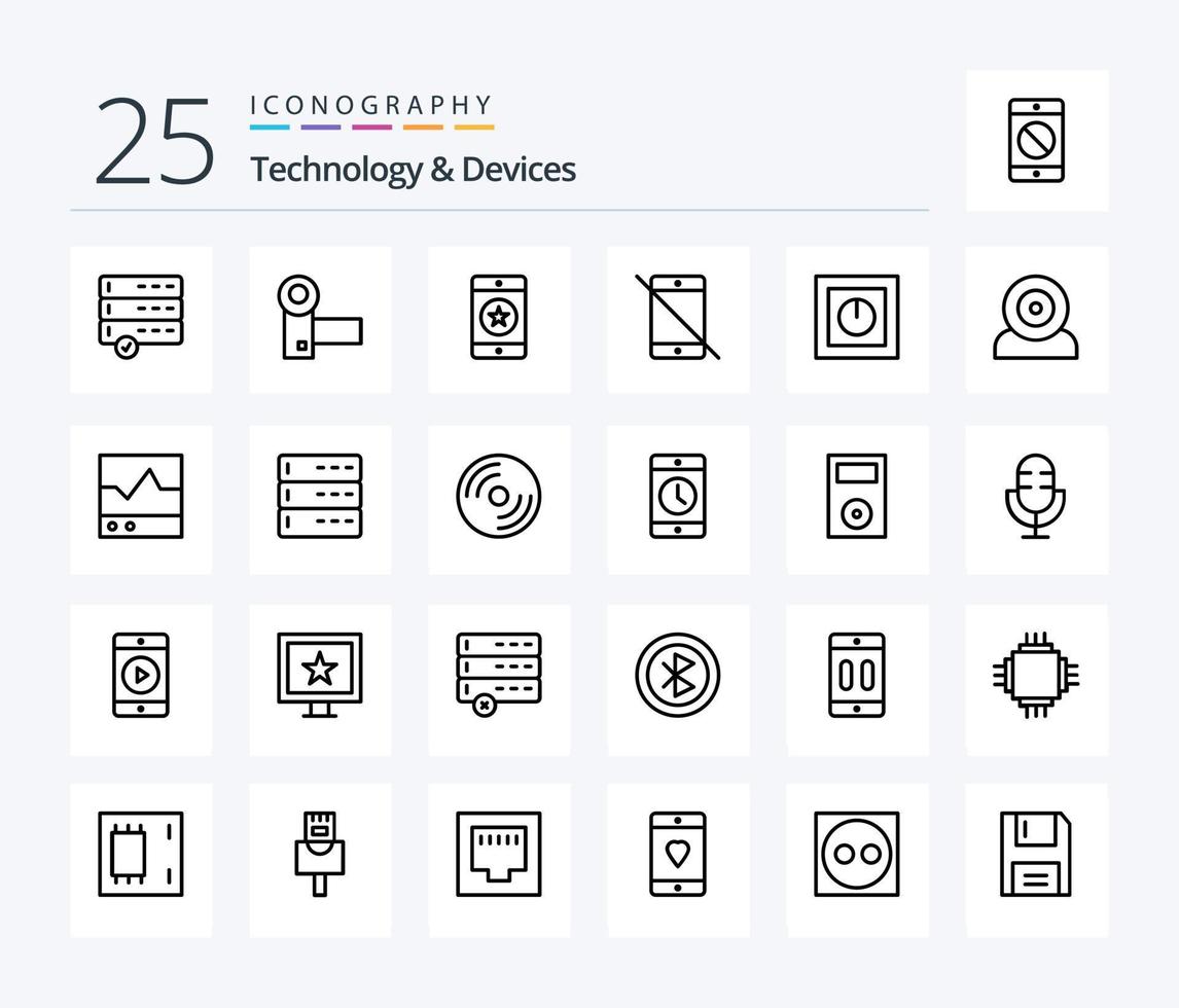 paquete de iconos de 25 líneas de dispositivos que incluye teléfono. hardware. Teléfono móvil. dispositivos. teléfono vector