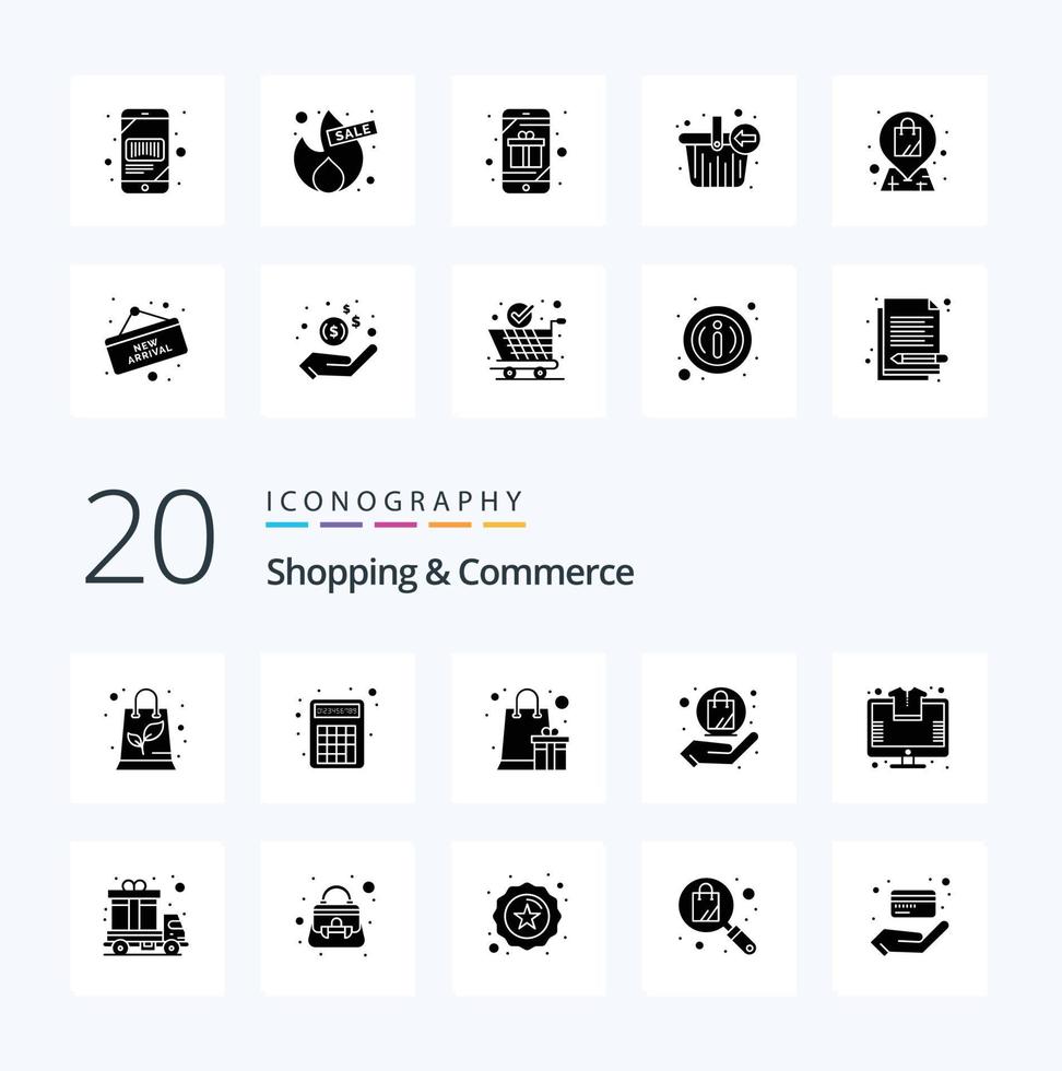 20 Shopping And Commerce Solid Glyph icon Pack like store online heart gift shopping hand vector
