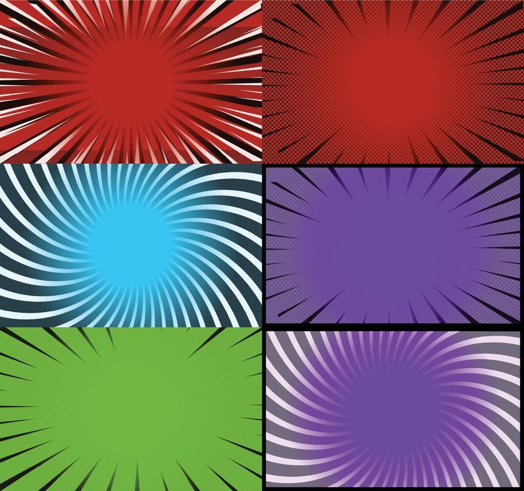 Comic book colorful frames background with halftone rays radial and dotted effects pop art style vector